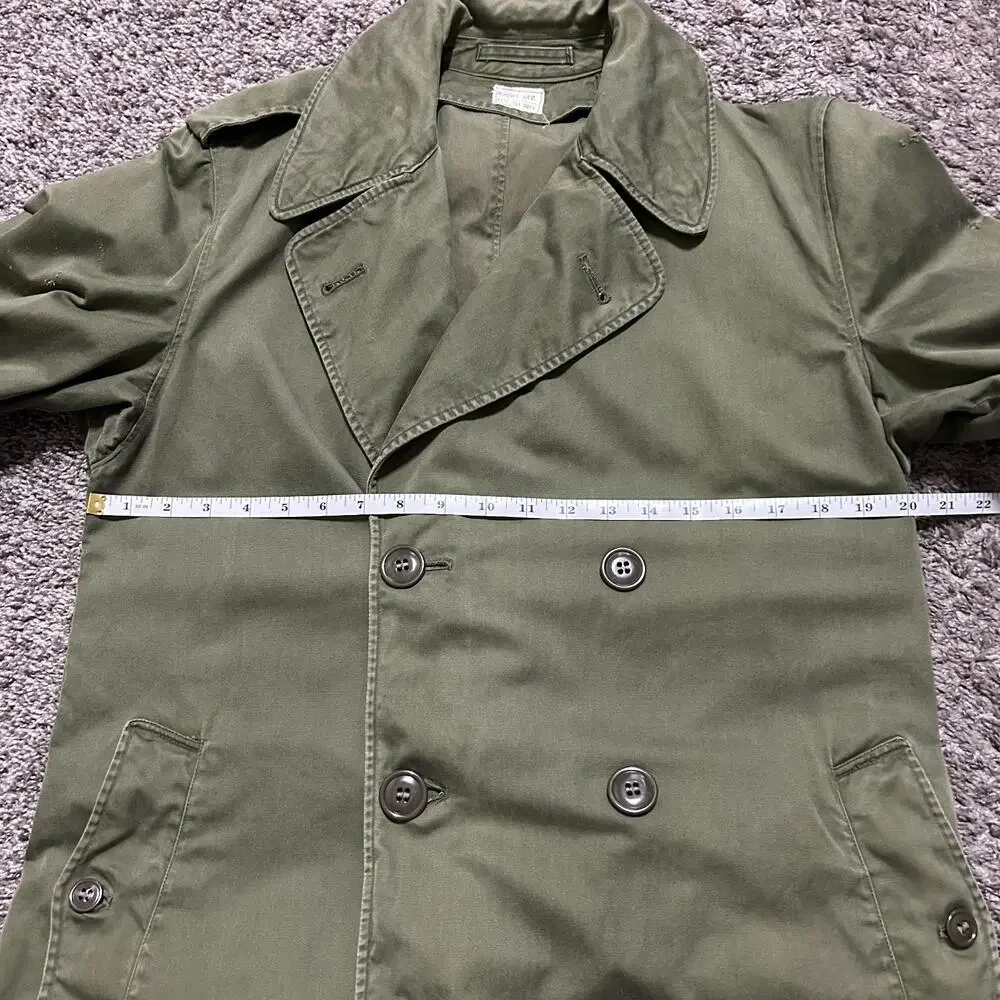 Vintage 60s Military Jacket Army Green Trench Coat Olive Canvas US Army Overcoat